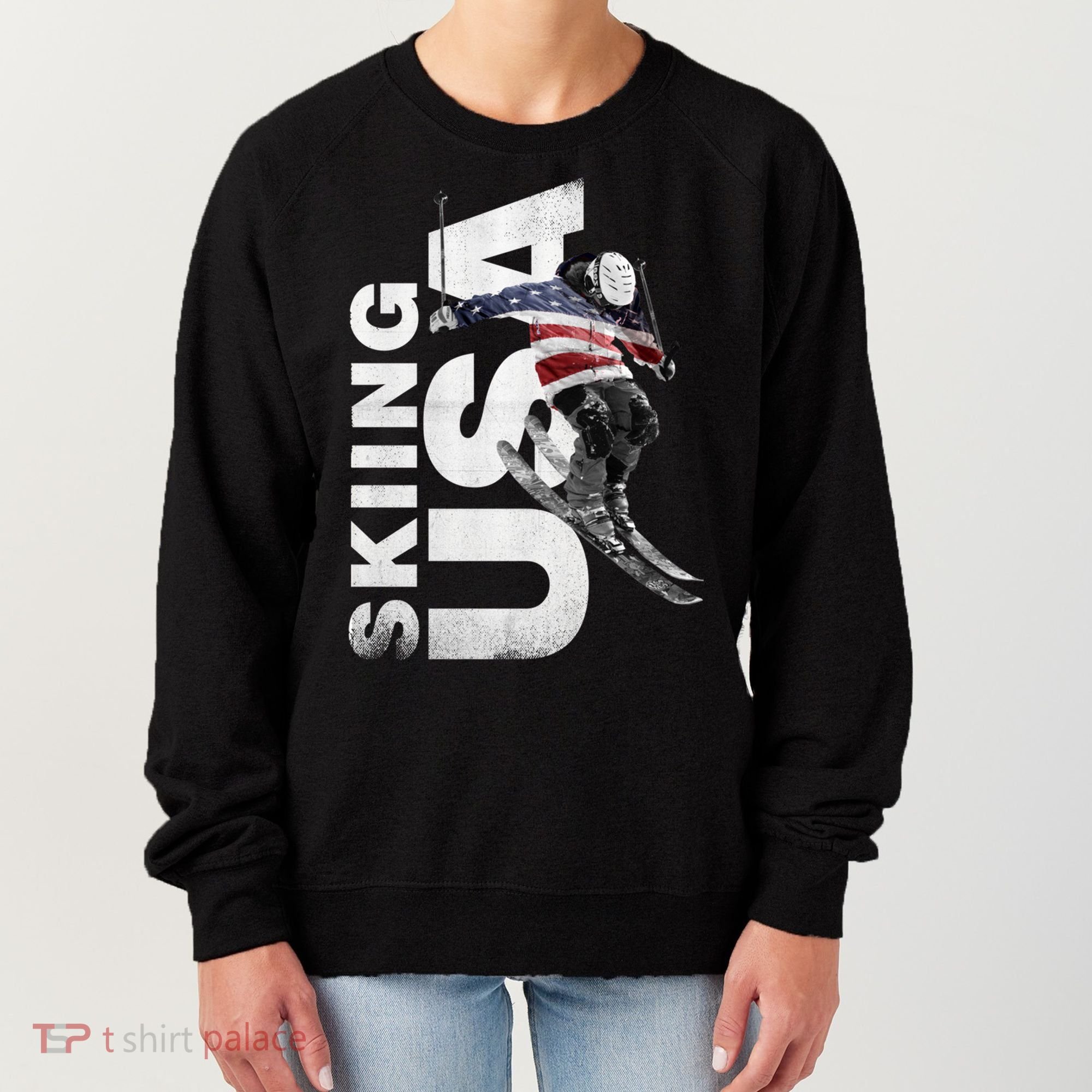Skiing Usa Support The Team Cool Gift Usa Flag Ski Funny Gift Women's Sweatshirt