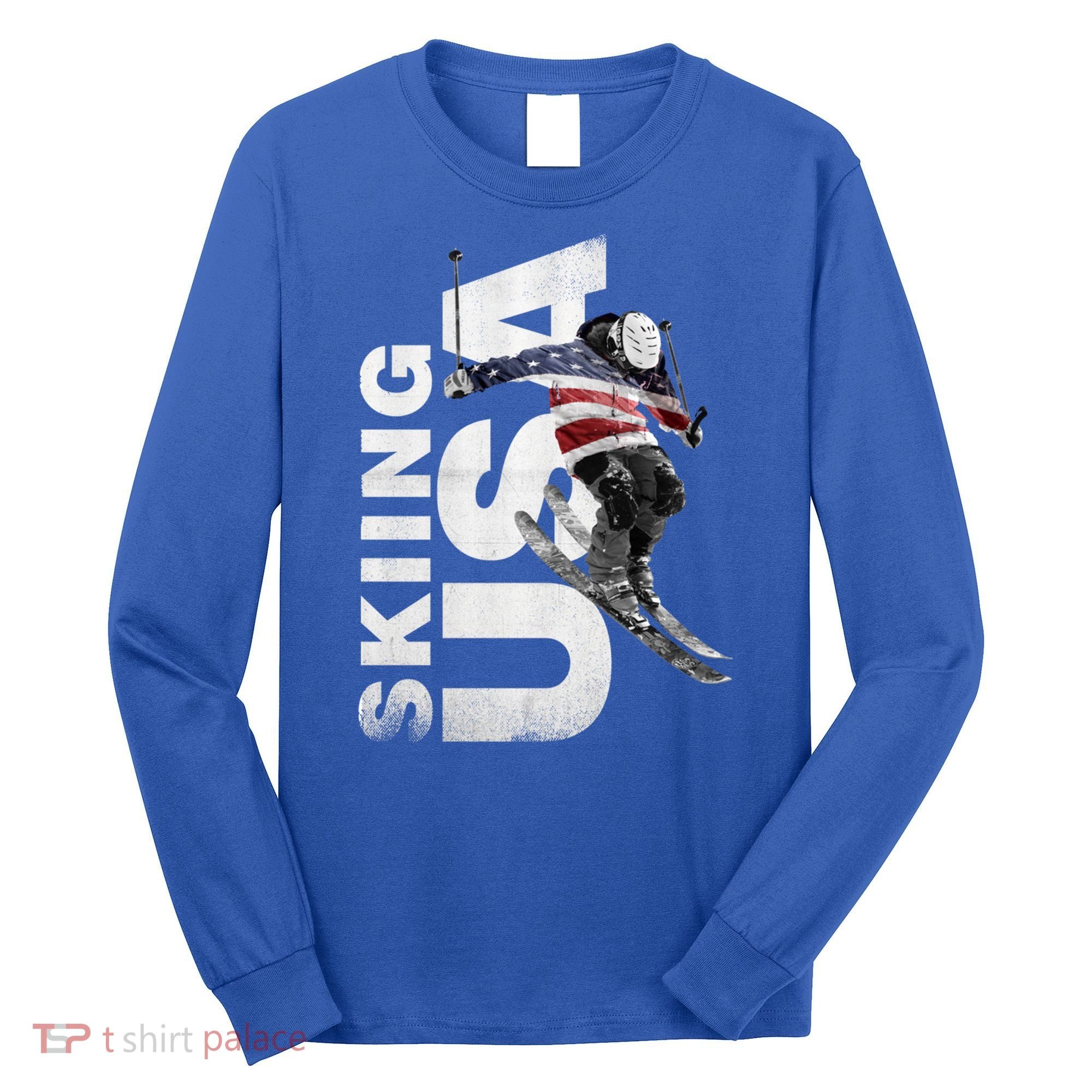 Skiing Usa Support The Team Cool Gift Usa Flag Ski Funny Gift Long Sleeve Shirt