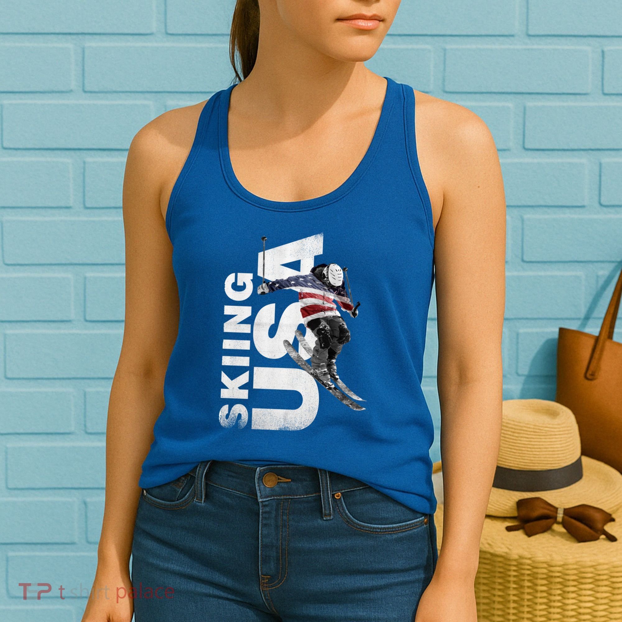Skiing Usa Support The Team Cool Gift Usa Flag Ski Funny Gift Women's Tank Top