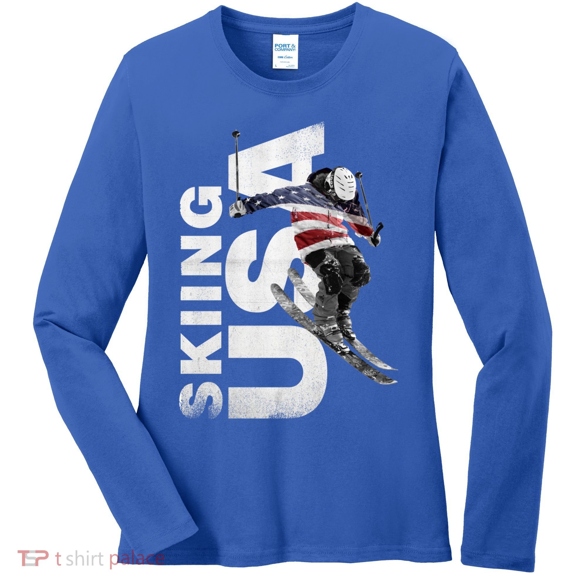 Skiing Usa Support The Team Cool Gift Usa Flag Ski Funny Gift Women's Long Sleeve Shirt
