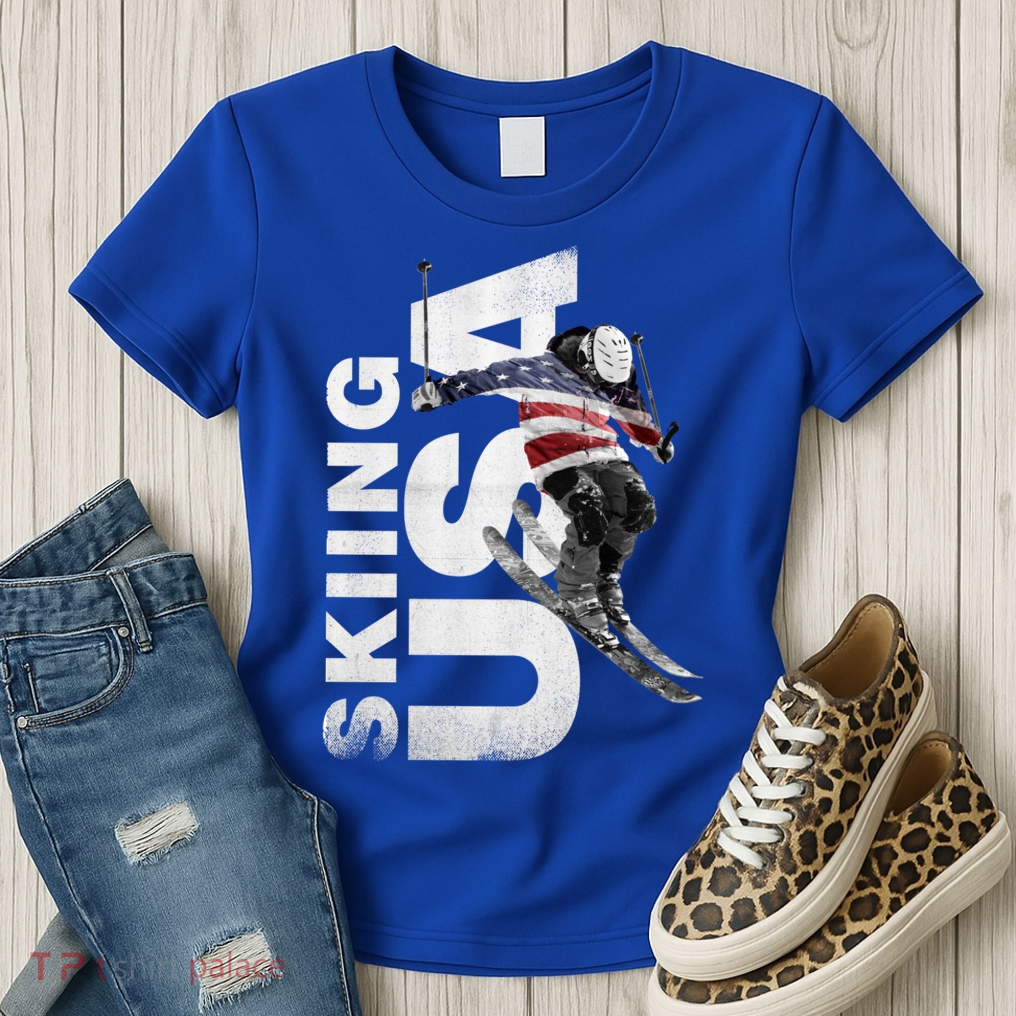 Skiing Usa Support The Team Cool Gift Usa Flag Ski Funny Gift Women's T-Shirt