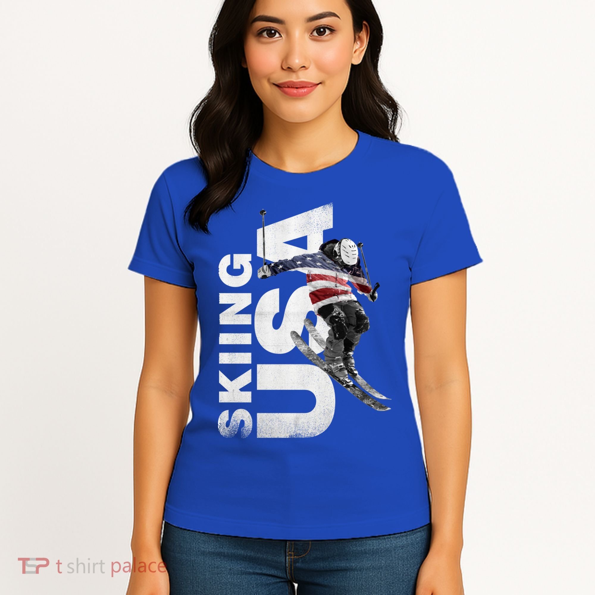 Skiing Usa Support The Team Cool Gift Usa Flag Ski Funny Gift Women's T-Shirt