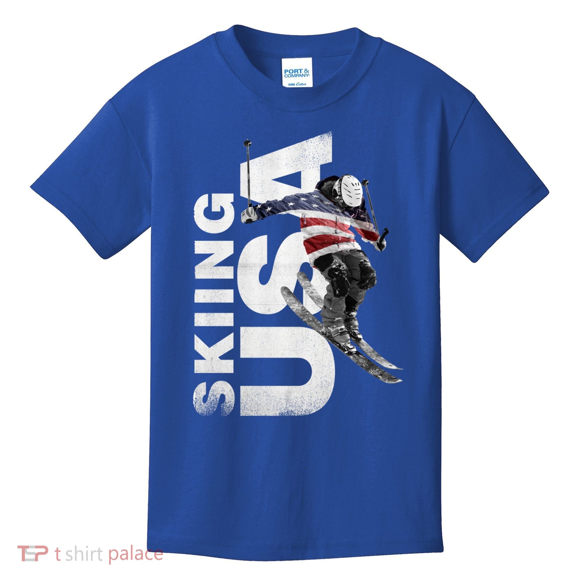 Skiing Usa Support The Team Cool Gift Usa Flag Ski Funny Gift Kids T-Shirt