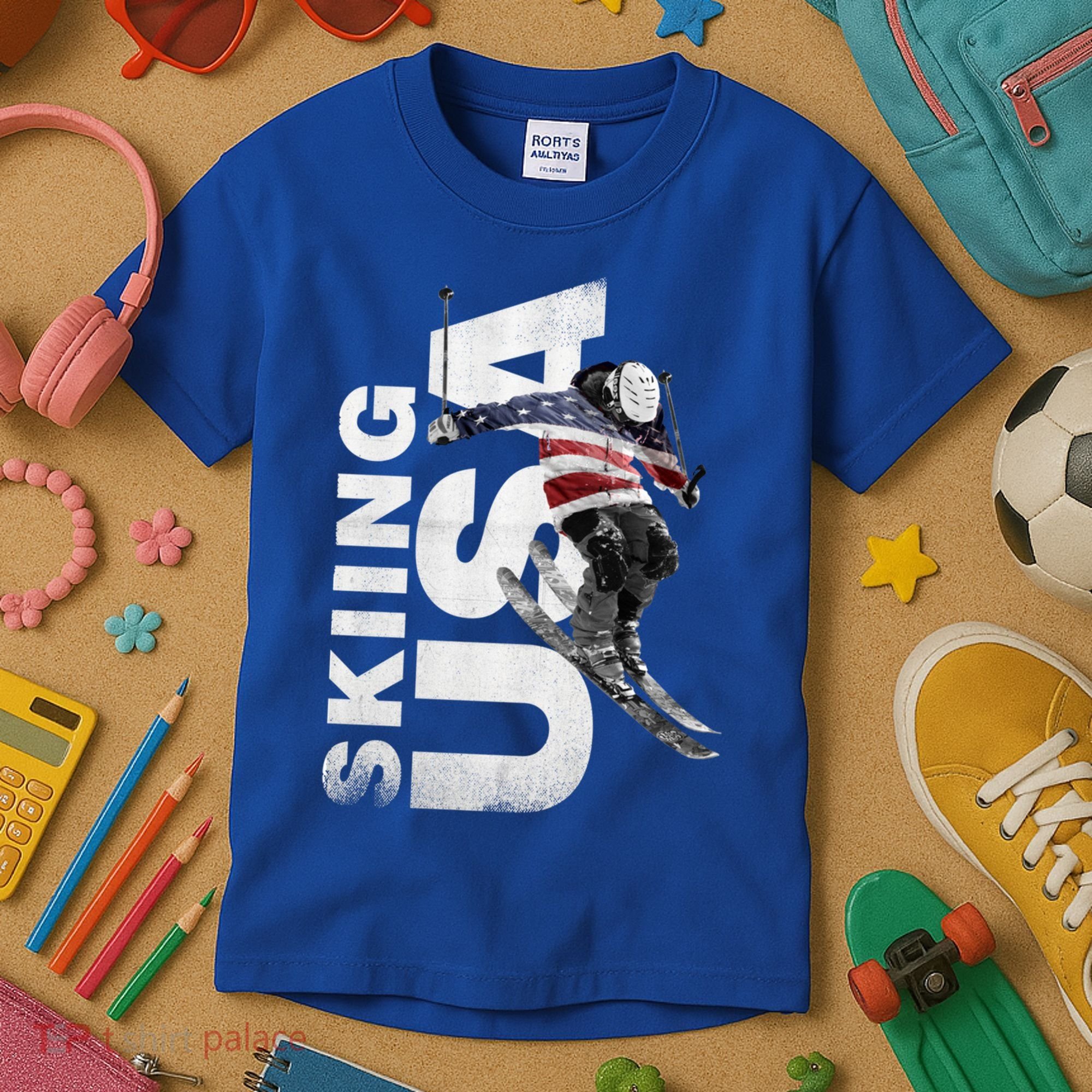 Skiing Usa Support The Team Cool Gift Usa Flag Ski Funny Gift Kids T-Shirt