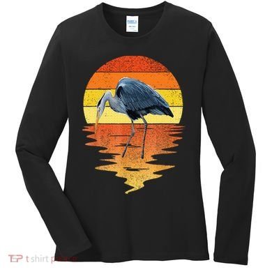 sunset vintage blue heron Heron Water Bird Women's Long Sleeve Shirt