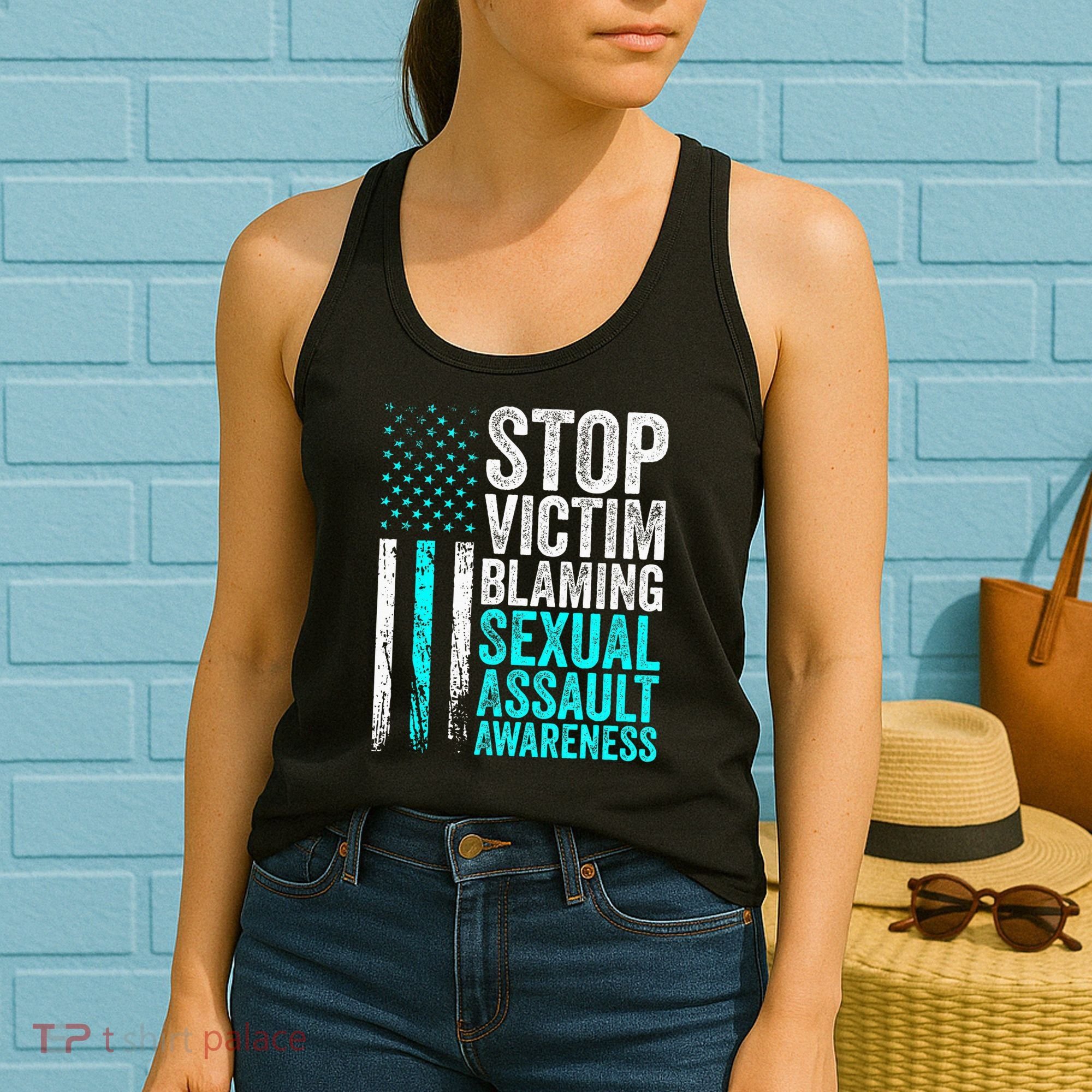 Stop Victim Blaming American Flag Sexual Assault Awareness Women's Tank Top