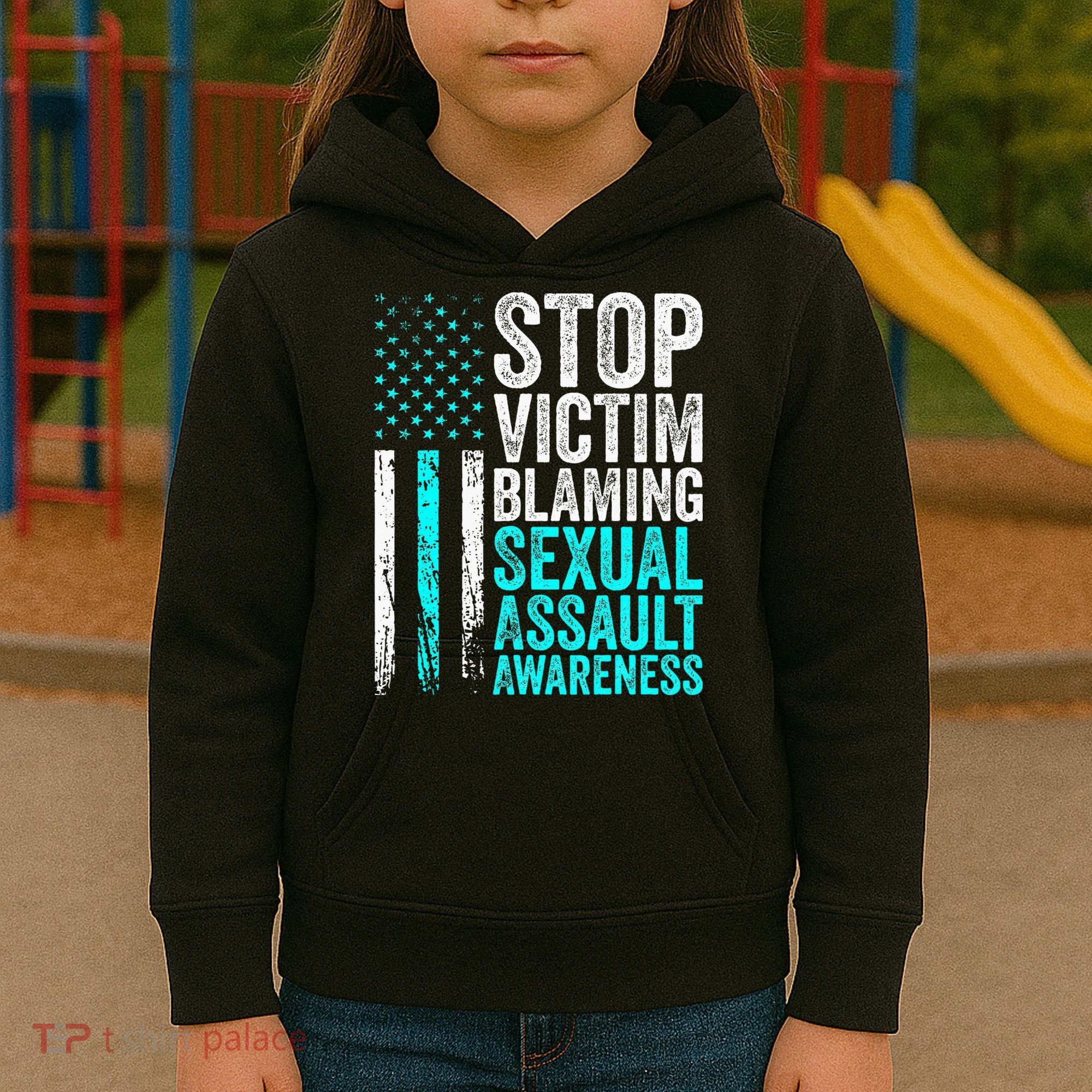 Stop Victim Blaming American Flag Sexual Assault Awareness Kids Hoodie