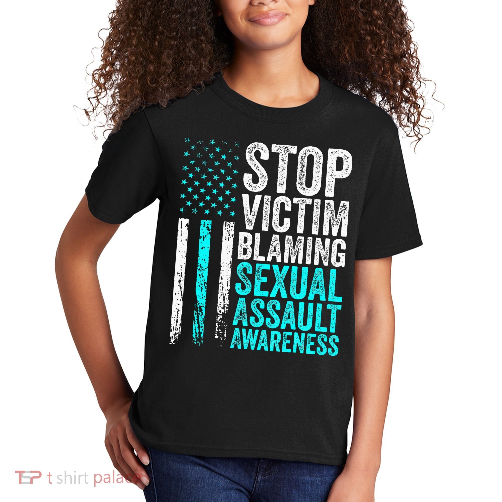 Stop Victim Blaming American Flag Sexual Assault Awareness Kids T-Shirt