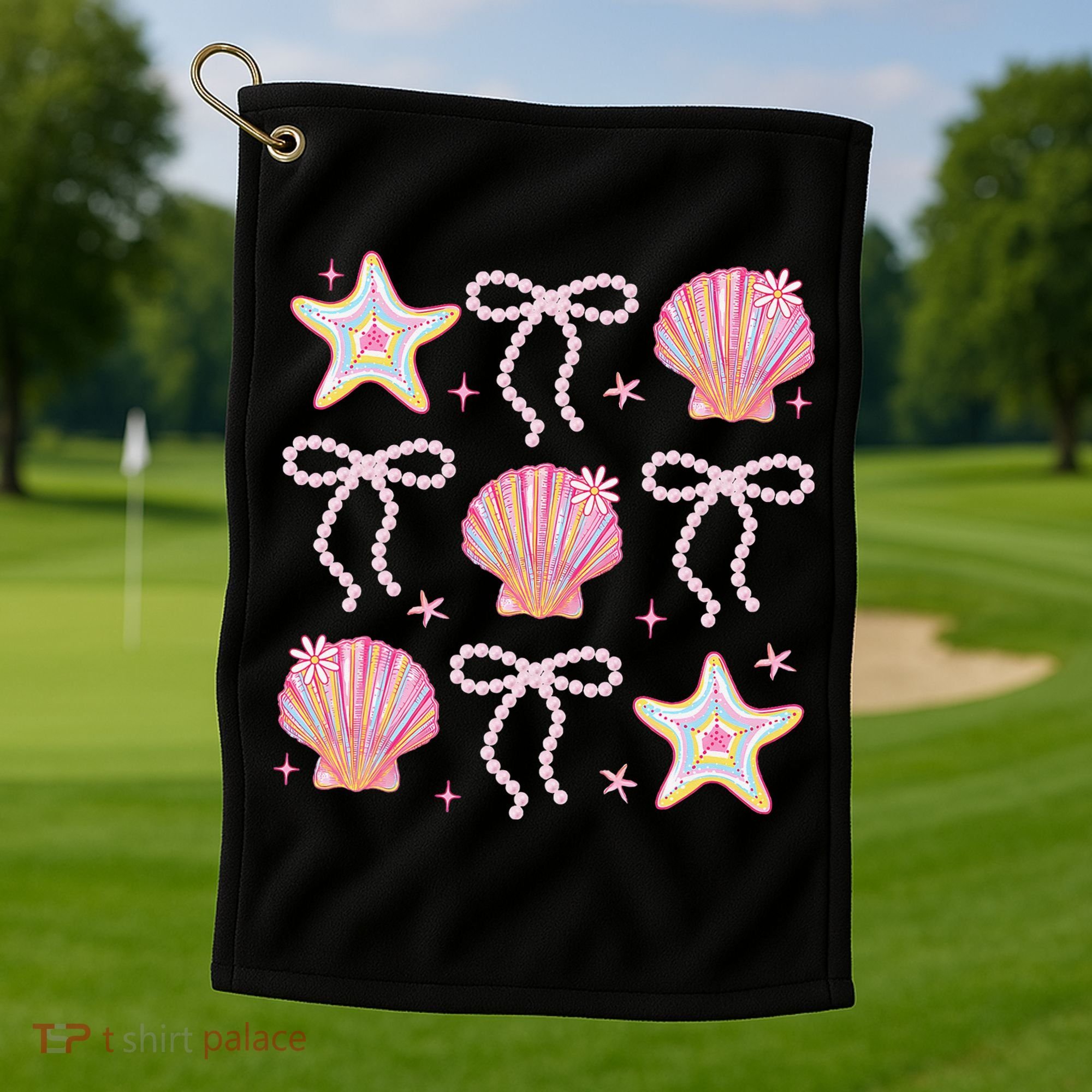 Summer Vibe Coquette Bow Pearl Clam Starfish Cotton Candy Golf Towel