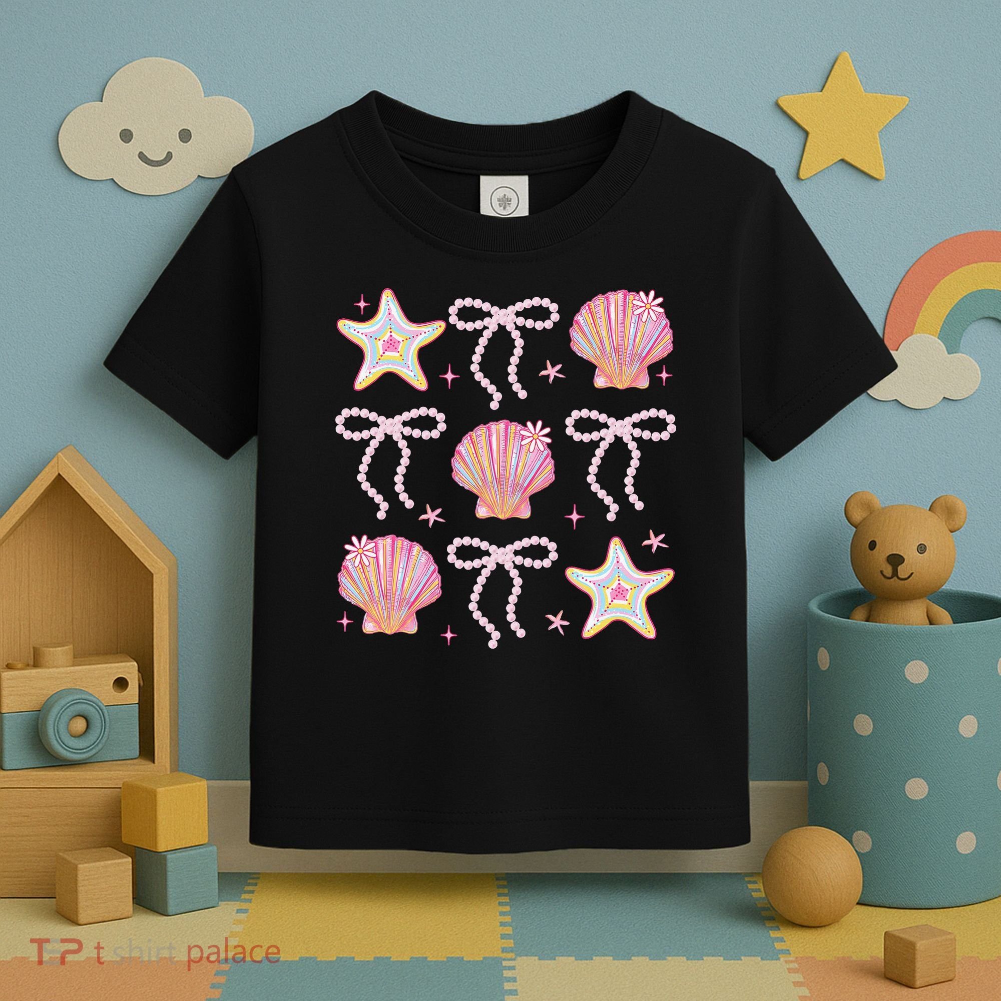 Summer Vibe Coquette Bow Pearl Clam Starfish Cotton Candy Toddler T-Shirt