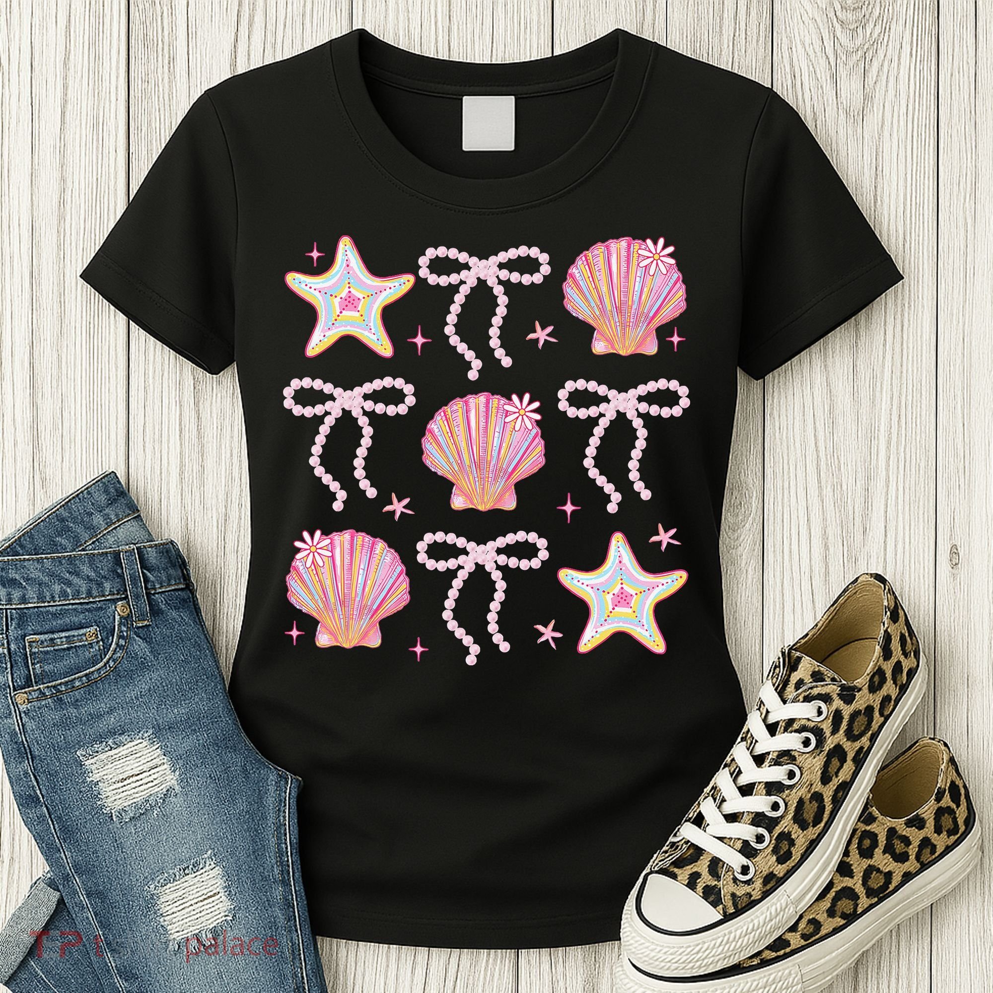 Summer Vibe Coquette Bow Pearl Clam Starfish Cotton Candy Women's T-Shirt