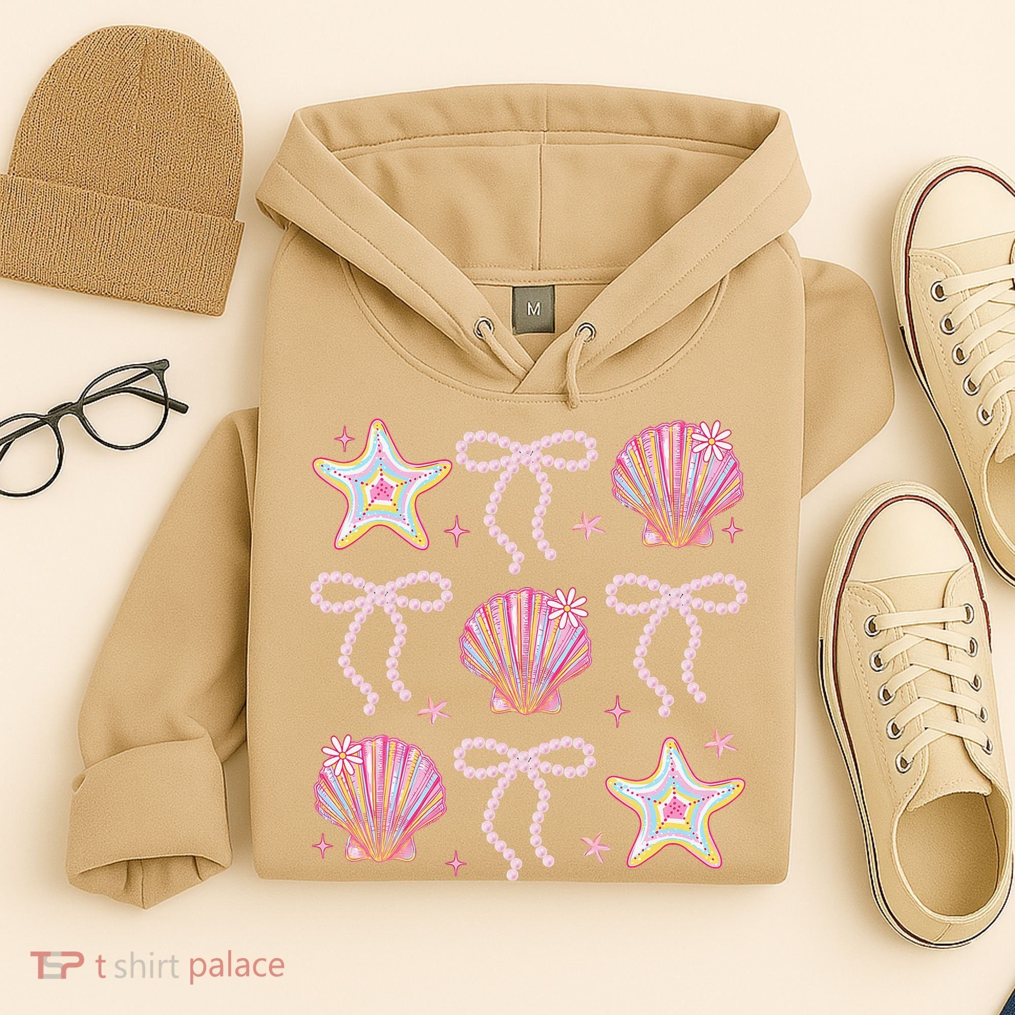 Summer Vibe Coquette Bow Pearl Clam Starfish Cotton Candy Hoodie