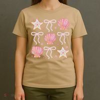Summer Vibe Coquette Bow Pearl Clam Starfish Cotton Candy T-Shirt thumb 4