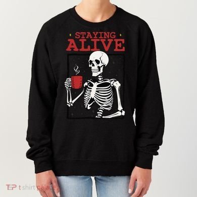 Spooky Vibe Coffee Skeleton Halloween Staying Alive Meme Women's Sweatshirt