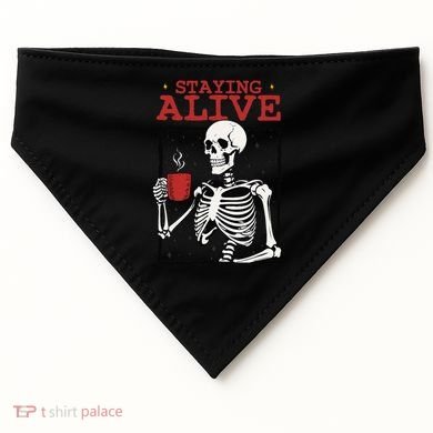 Spooky Vibe Coffee Skeleton Halloween Staying Alive Meme USA-Made Doggie Bandana