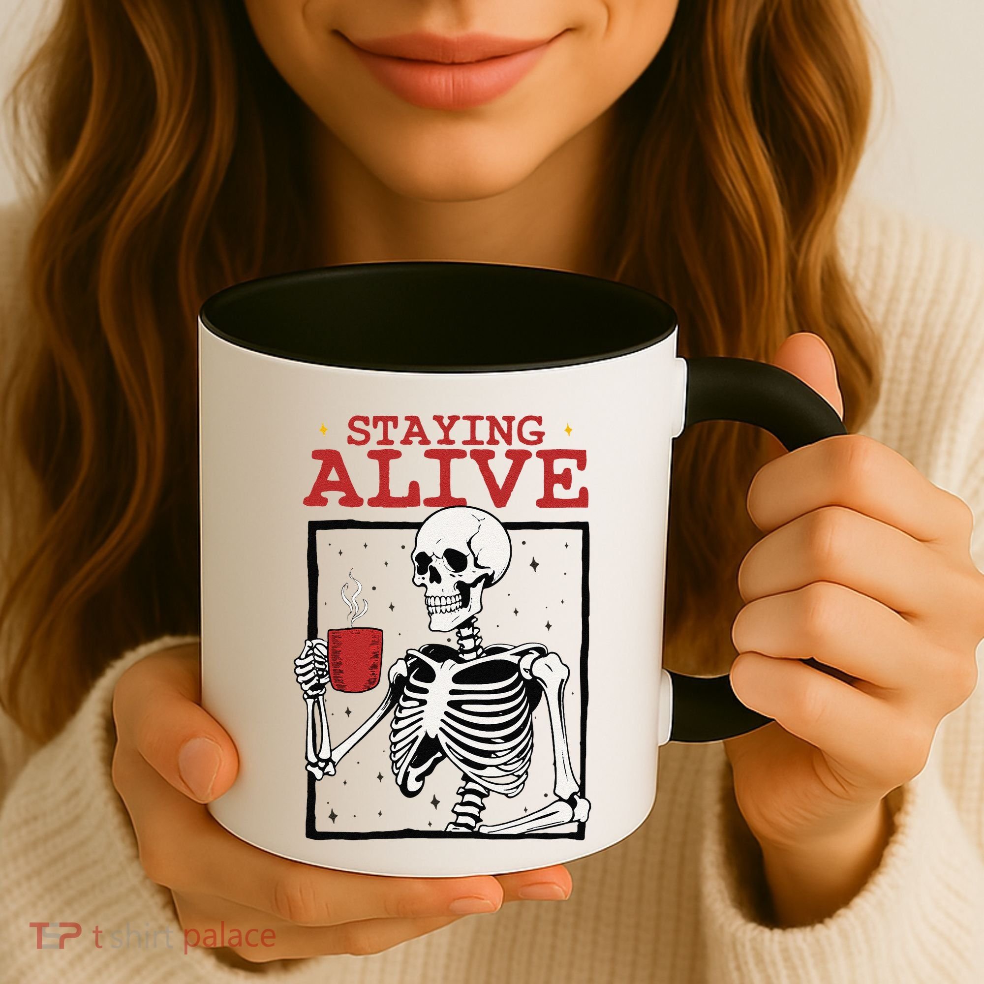 Spooky Vibe Coffee Skeleton Halloween Staying Alive Meme Coffee Mug
