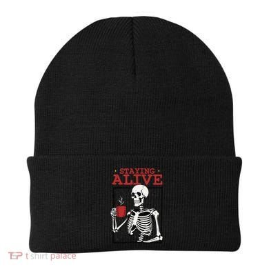 Spooky Vibe Coffee Skeleton Halloween Staying Alive Meme Beanie