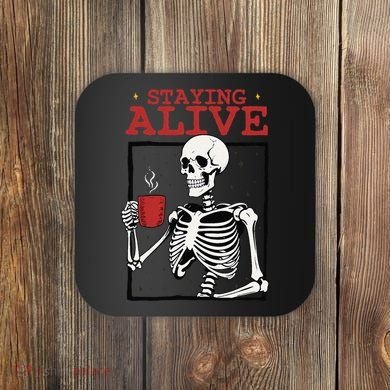 Spooky Vibe Coffee Skeleton Halloween Staying Alive Meme Coaster