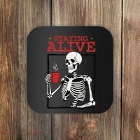 Spooky Vibe Coffee Skeleton Halloween Staying Alive Meme Coaster thumb 0