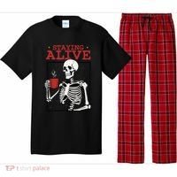 Spooky Vibe Coffee Skeleton Halloween Staying Alive Meme Pajama Set thumb 0