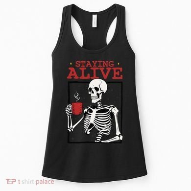 Spooky Vibe Coffee Skeleton Halloween Staying Alive Meme Women's Tank Top