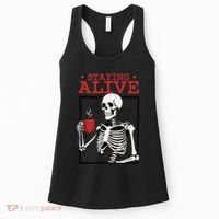 Spooky Vibe Coffee Skeleton Halloween Staying Alive Meme Women's Tank Top thumb 0