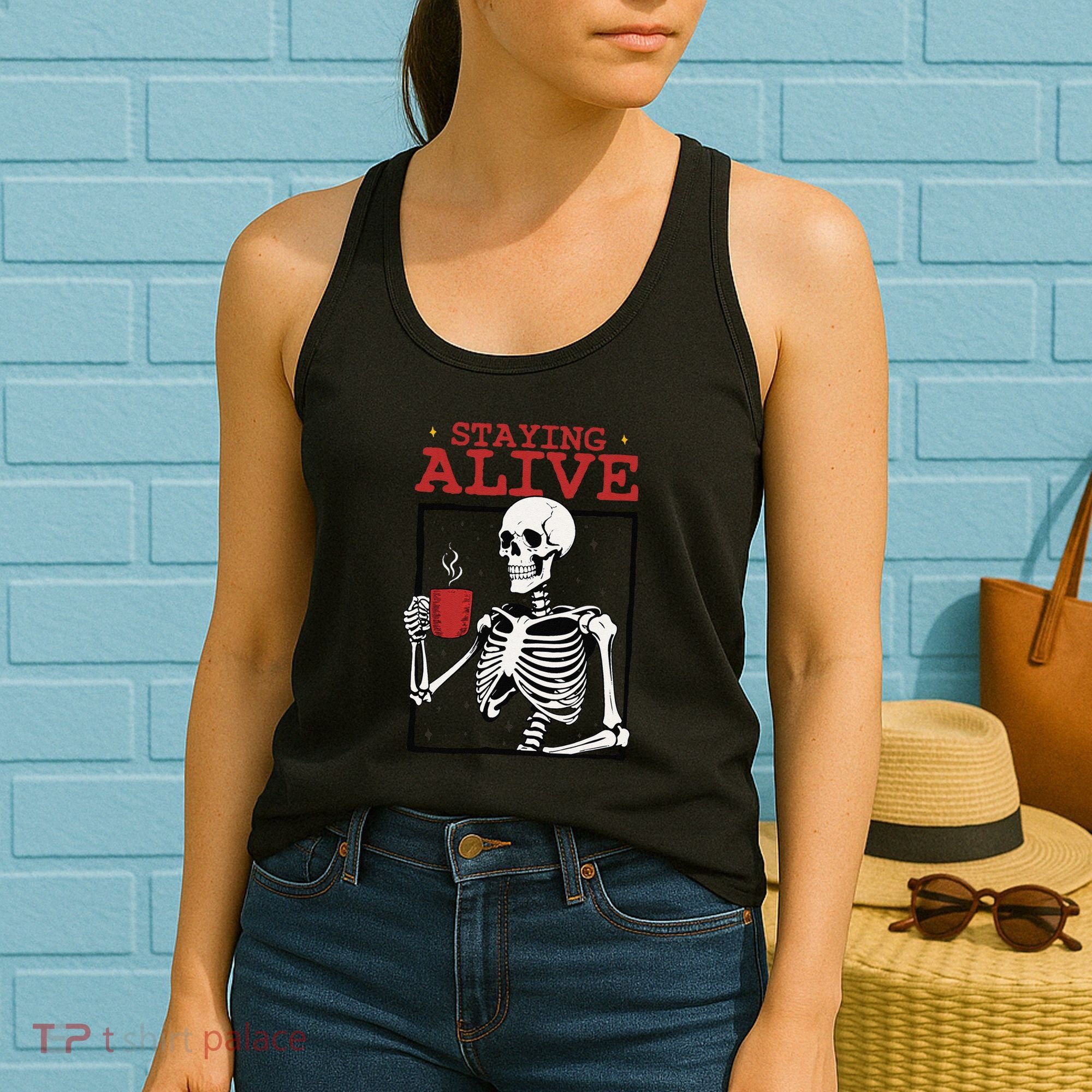 Spooky Vibe Coffee Skeleton Halloween Staying Alive Meme Women's Tank Top