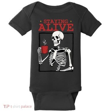 Spooky Vibe Coffee Skeleton Halloween Staying Alive Meme Baby Bodysuit