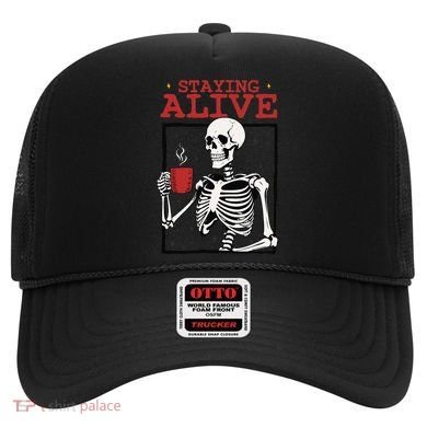 Spooky Vibe Coffee Skeleton Halloween Staying Alive Meme Hat