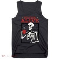 Spooky Vibe Coffee Skeleton Halloween Staying Alive Meme Tank Top thumb 0