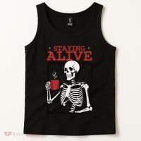 Spooky Vibe Coffee Skeleton Halloween Staying Alive Meme Tank Top thumb 2
