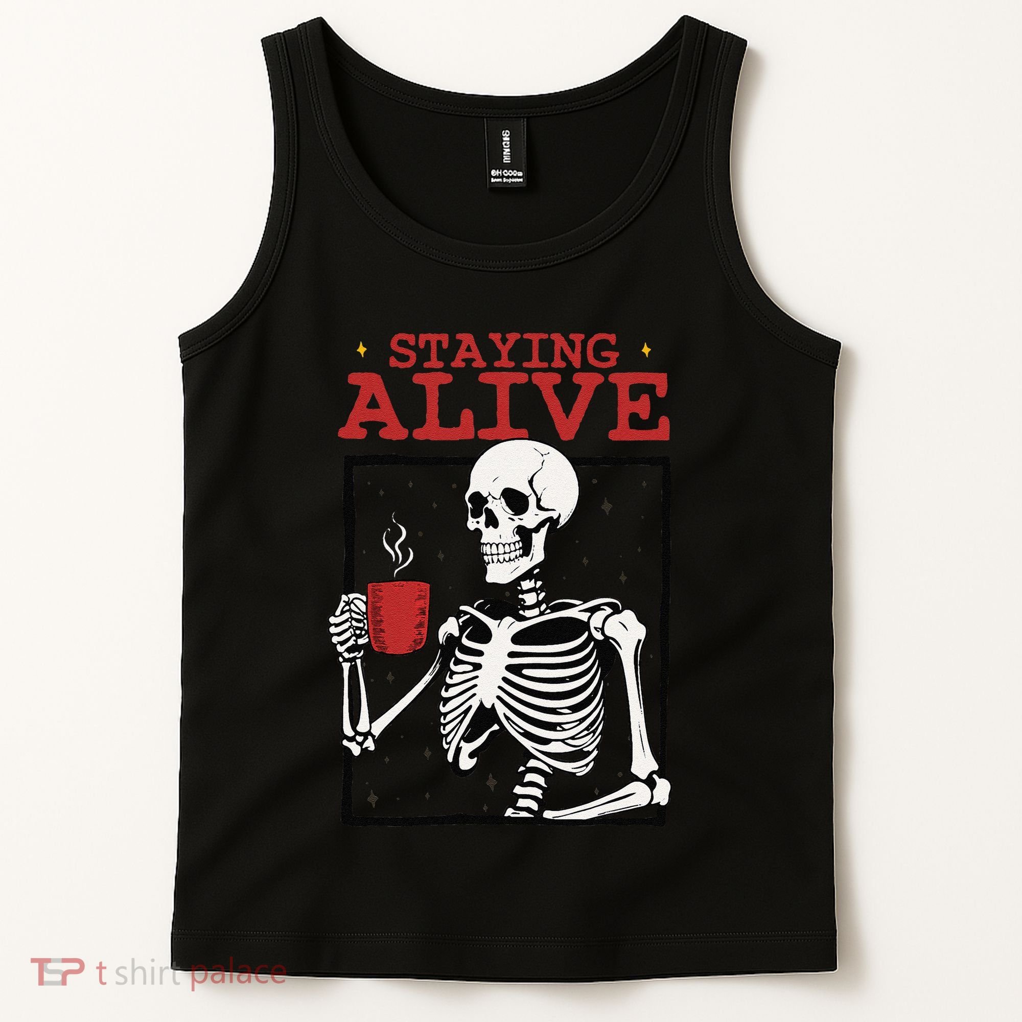 Spooky Vibe Coffee Skeleton Halloween Staying Alive Meme Tank Top