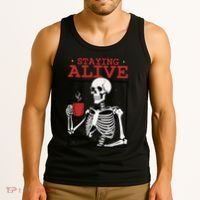 Spooky Vibe Coffee Skeleton Halloween Staying Alive Meme Tank Top thumb 3
