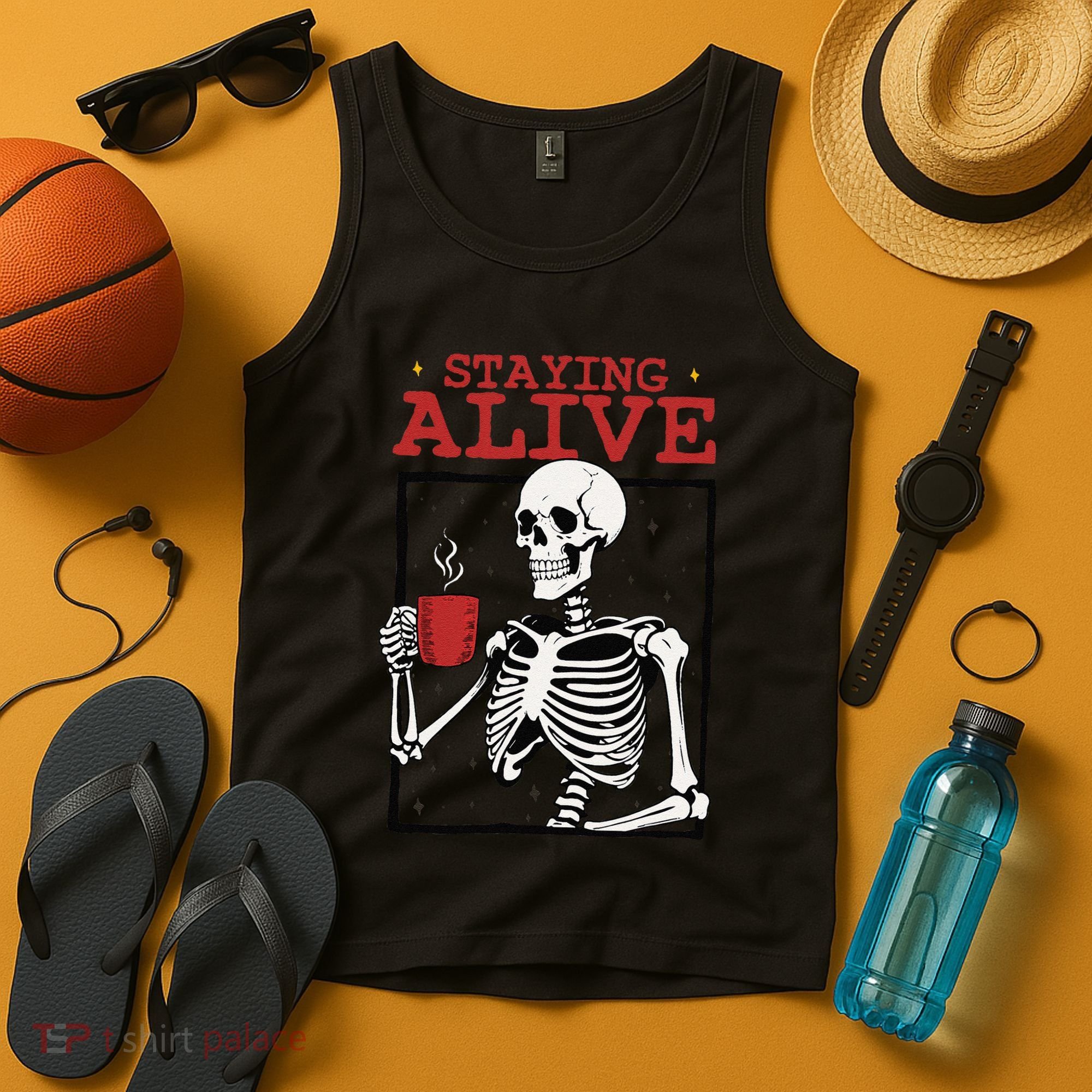 Spooky Vibe Coffee Skeleton Halloween Staying Alive Meme Tank Top