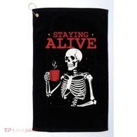 Spooky Vibe Coffee Skeleton Halloween Staying Alive Meme Golf Towel thumb 0