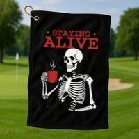 Spooky Vibe Coffee Skeleton Halloween Staying Alive Meme Golf Towel thumb 1
