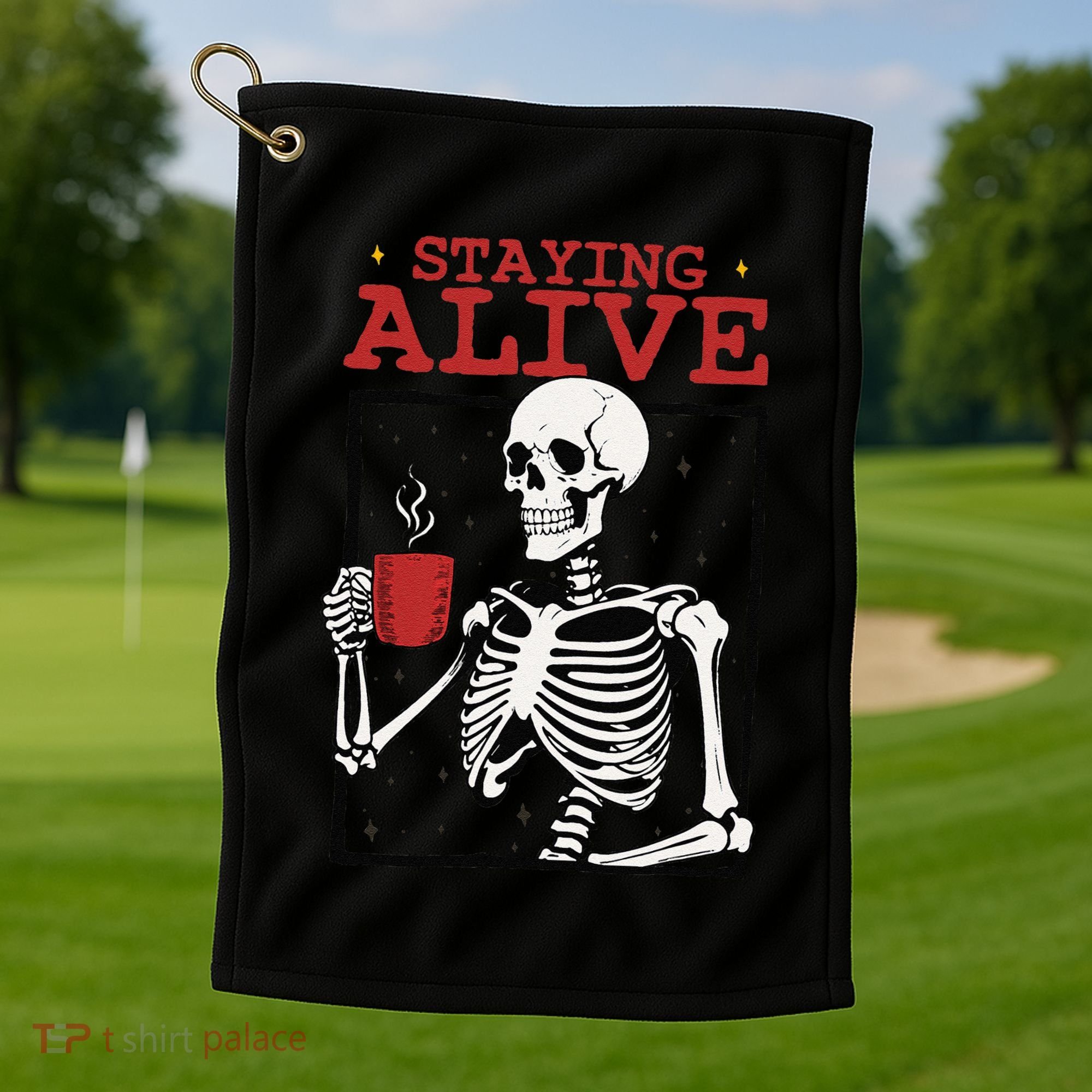 Spooky Vibe Coffee Skeleton Halloween Staying Alive Meme Golf Towel
