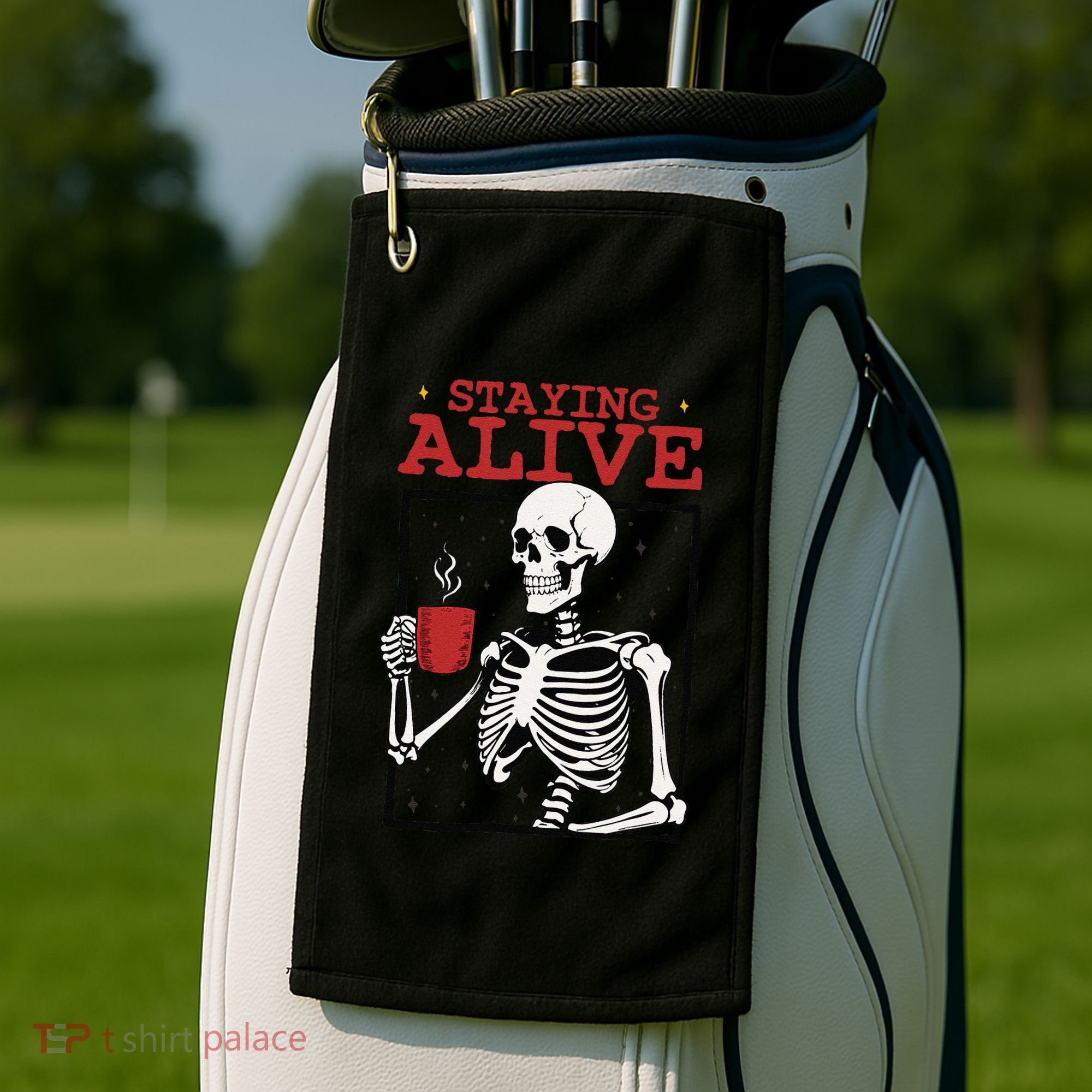Spooky Vibe Coffee Skeleton Halloween Staying Alive Meme Golf Towel