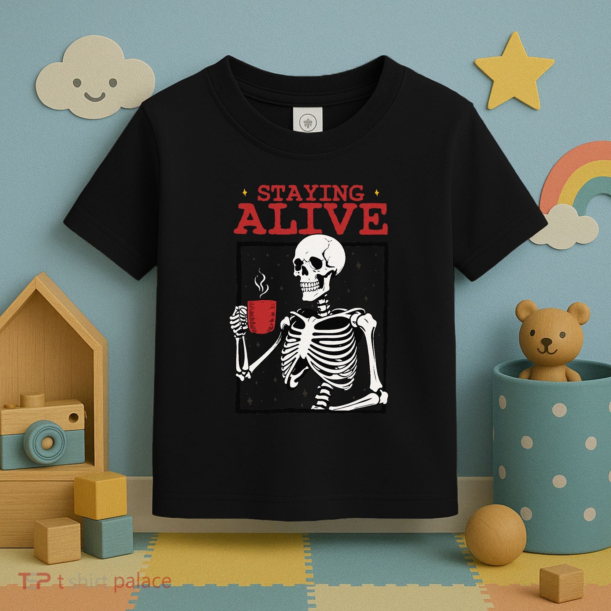 Spooky Vibe Coffee Skeleton Halloween Staying Alive Meme Toddler T-Shirt