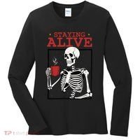 Spooky Vibe Coffee Skeleton Halloween Staying Alive Meme Women's Long Sleeve Shirt thumb 0