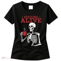 Spooky Vibe Coffee Skeleton Halloween Staying Alive Meme Women's T-Shirt thumb 0