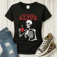 Spooky Vibe Coffee Skeleton Halloween Staying Alive Meme Women's T-Shirt thumb 3