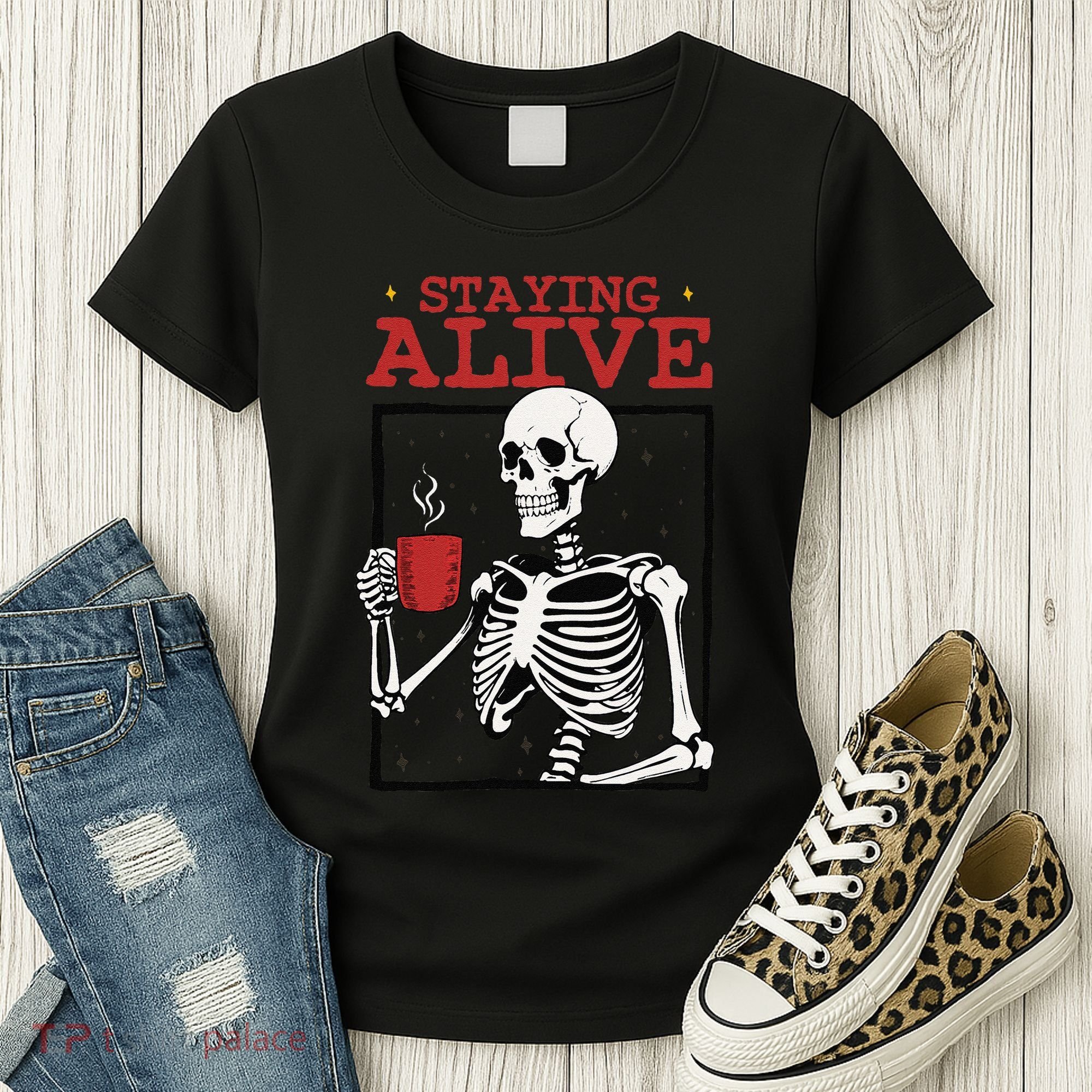 Spooky Vibe Coffee Skeleton Halloween Staying Alive Meme Women's T-Shirt