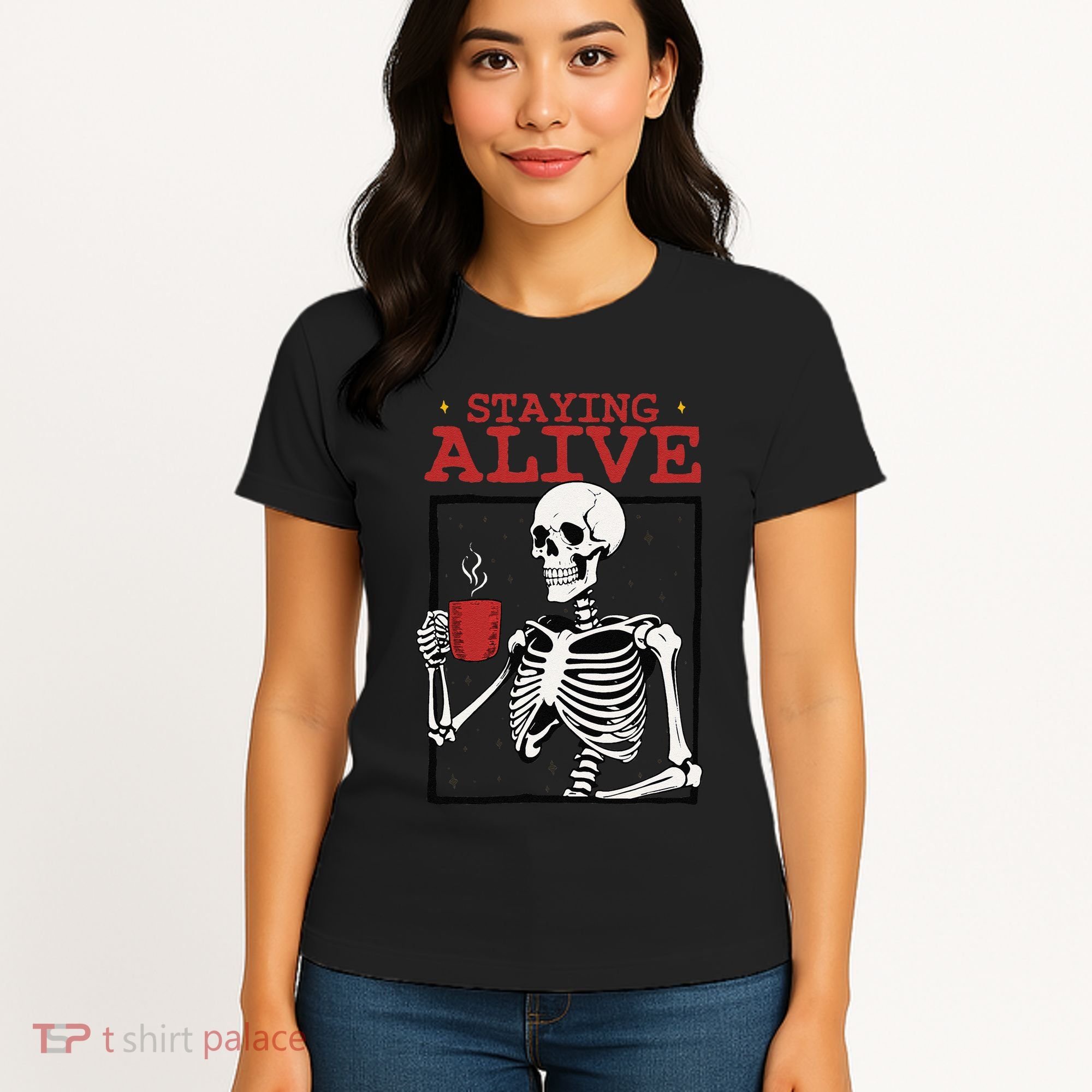 Spooky Vibe Coffee Skeleton Halloween Staying Alive Meme Women's T-Shirt