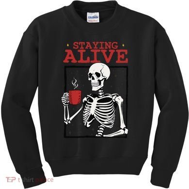 Spooky Vibe Coffee Skeleton Halloween Staying Alive Meme Kids Sweatshirt
