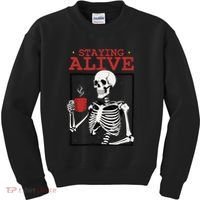 Spooky Vibe Coffee Skeleton Halloween Staying Alive Meme Kids Sweatshirt thumb 0