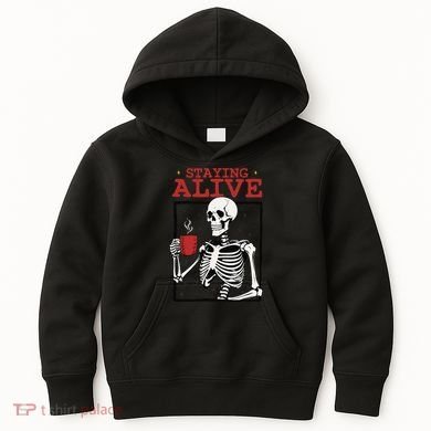 Spooky Vibe Coffee Skeleton Halloween Staying Alive Meme Kids Hoodie