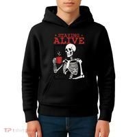 Spooky Vibe Coffee Skeleton Halloween Staying Alive Meme Kids Hoodie thumb 4