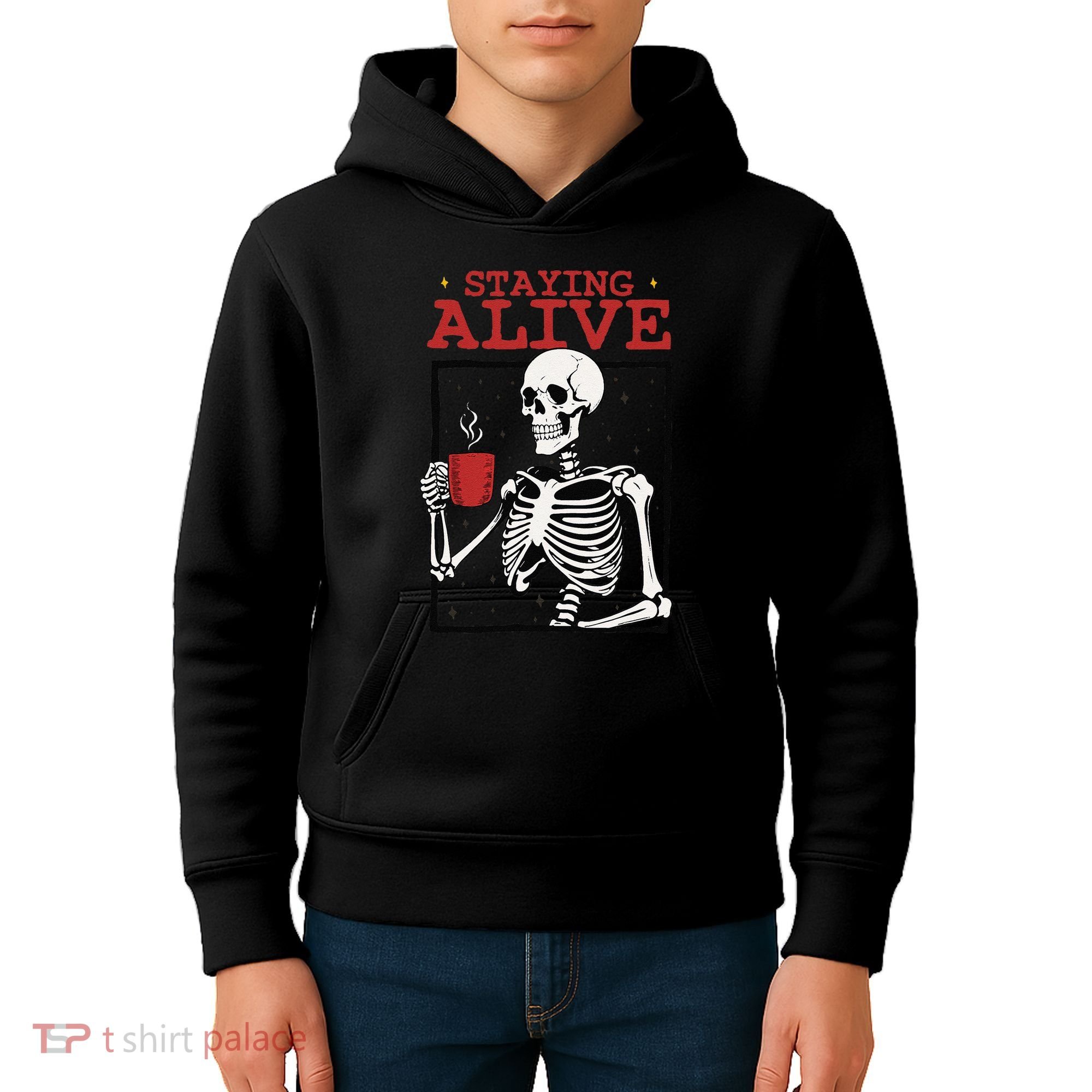 Spooky Vibe Coffee Skeleton Halloween Staying Alive Meme Kids Hoodie