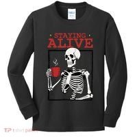 Spooky Vibe Coffee Skeleton Halloween Staying Alive Meme Kids Long Sleeve Shirt thumb 0